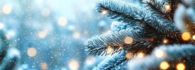 Poster - Closeup of a snow-covered pine branch adorned with warm, golden lights, creating a magical winter wonderland scene. : Generative AI