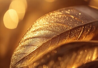 Poster - Close-up of golden leaf with dew, illuminated by warm sunlight, creating a luxurious and sparkling texture. : Generative AI