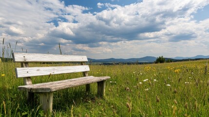 Leinwandbilder - Rustic white wooden bench sits in a vibrant green meadow, overlooking a picturesque mountain range under a partly cloudy sky. : Generative AI