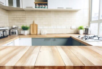 Leinwandbilder - Empty light wood table top in front of blurred modern kitchen background, ideal for product placement or food photography. : Generative AI
