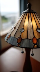 Aufkleber - Close-up view of a Tiffany-style table lamp with a beige and amber stained glass shade, illuminated, showcasing intricate details and craftsmanship. : Generative AI