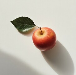 Poster - A single, ripe red apple rests on a white surface, accompanied by a vibrant green leaf, casting a subtle shadow in the sunlight. : Generative AI