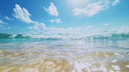 Poster - A gentle ocean wave breaks on a pristine beach under a vibrant blue sky, sunlight sparkling on the water's surface. : Generative AI