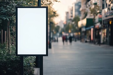 Aufkleber - Blank vertical billboard stands on city sidewalk, showcasing advertisement space against blurred urban background. Perfect for mockup or design presentation. : Generative AI
