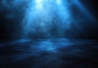 Fototapete - Dark blue studio scene with smoky atmosphere and illuminated floor, perfect for product display or moody background. : Generative AI