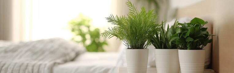 Aufkleber - Three potted houseplants, fern, snake plant, and peace lily, sit on a bedside table in a bright bedroom with a blurred bed in the background. : Generative AI