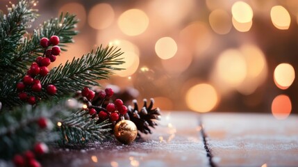 Poster - Festive Christmas scene with snow-dusted pine branches, red berries, a golden ornament, and pine cones, set against a warm bokeh background. : Generative AI