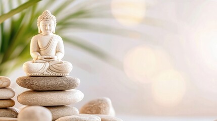 Aufkleber - Serene Buddha statue meditates atop a balanced stack of smooth, grey stones, set against a soft, blurred background of green foliage and warm light. : Generative AI