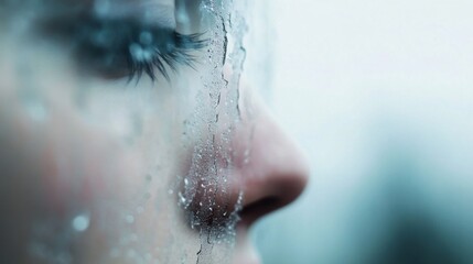 Aufkleber - Close-up profile of a woman's face, partially obscured by a condensation-covered surface, showcasing delicate eyelashes and a soft, cool color palette. : Generative AI