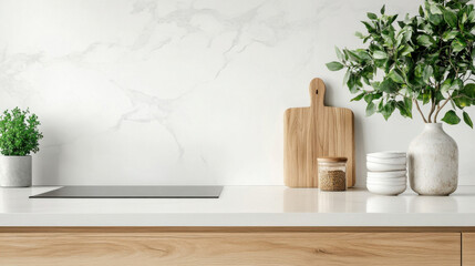 Poster - Modern kitchen countertop scene with wooden cutting board, plants, and minimalist decor, showcasing a clean and stylish design aesthetic. : Generative AI