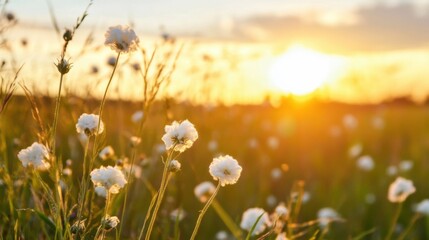 Poster - Soft, white wildflowers bathed in the warm golden light of a breathtaking sunset, creating a serene and peaceful landscape. : Generative AI
