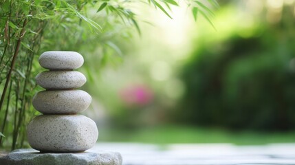 Poster - Serene Stack of Grey Stones in a Lush Bamboo Garden, evoking tranquility and peacefulness. : Generative AI