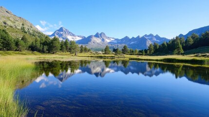 Poster - Serene mountain lake reflecting snow-capped peaks under a clear blue sky, surrounded by lush green alpine meadows and coniferous trees. : Generative AI