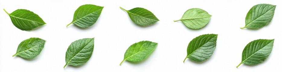Poster - Twelve vibrant green leaves arranged in a neat pattern against a clean white background, ideal for nature, botany, or spring-themed designs. : Generative AI