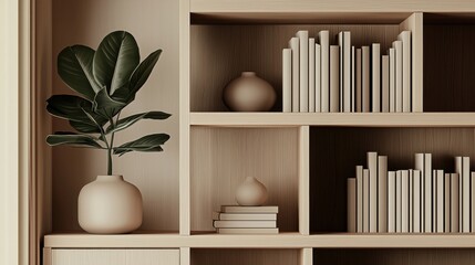 Fototapete - A minimalist beige bookshelf displays a ficus plant in a ceramic pot, alongside neatly arranged books and decorative vases, creating a serene and stylish interior scene. : Generative AI