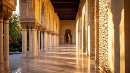 Poster - Golden sunlight illuminates a long colonnaded walkway in a Moorish palace, showcasing intricate carvings and marble columns. : Generative AI