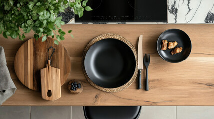 Aufkleber - Overhead view of a modern kitchen table setting with black plates, wooden cutting board, and a small bowl of blueberries, showcasing a minimalist aesthetic. : Generative AI