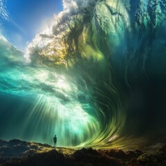 Fototapete - A lone figure stands silhouetted against a colossal, translucent wave, bathed in ethereal sunlight filtering through the water, creating a breathtaking spectacle of nature's power and  : Generative AI