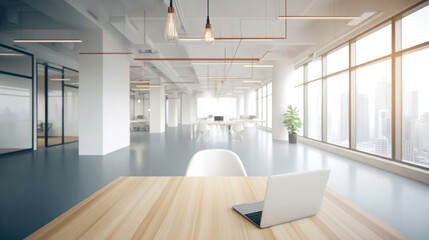 Poster - Modern office interior with laptop on wooden desk, large windows offering city view, and minimalist design elements. : Generative AI