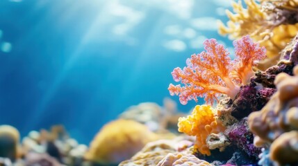 Poster - Vibrant orange and pink coral polyps thrive in a sunlit underwater scene, showcasing intricate details against a backdrop of blue ocean water. : Generative AI