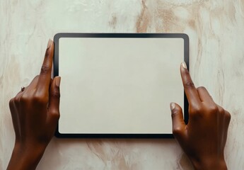 Poster - Woman's hands using a tablet computer with a blank screen, displayed on a beige marble surface.  The image offers a clean, modern aesthetic, perfect for technology or lifestyle project : Generative AI
