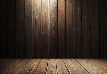 Poster - Dark brown wooden wall and floor background, illuminated by a spotlight, creating a dramatic and rustic scene, ideal for product displays or moody compositions. : Generative AI