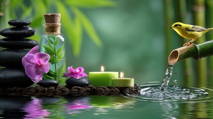 Aufkleber - Serene spa scene:  zen stones, orchid flowers, green candles, essential oil bottle, and a yellow bird perched on a bamboo water fountain, reflecting in calm water. : Generative AI