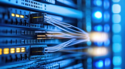 Fototapete - Close-up view of fiber optic cables connected to a server rack, showcasing data transfer and network infrastructure. : Generative AI