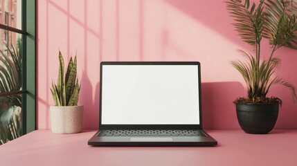 Leinwandbilder - Modern workspace with laptop, snake plant, and palm in a pink room bathed in sunlight.  Clean, minimalist aesthetic. : Generative AI