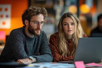 Poster - Focused young man and woman collaborate on a laptop, reviewing project details in a modern office setting. : Generative AI