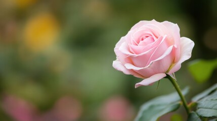 Poster - A single, delicate pink rose blooms gracefully, its petals softly unfurling against a blurred background of green and yellow hues. : Generative AI