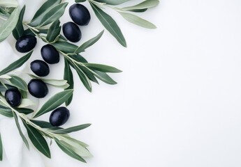 Aufkleber - Black olives and olive branches arranged on a white fabric, creating a minimalist and elegant composition with copy space. : Generative AI