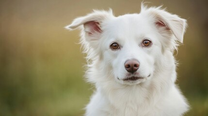 Aufkleber - Portrait of a fluffy white dog with amber eyes, looking directly at the camera, set against a softly blurred green and brown background. : Generative AI