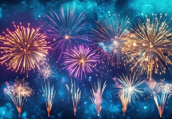 Aufkleber - Spectacular fireworks display illuminating the night sky with vibrant bursts of gold, purple, and white, creating a festive and celebratory atmosphere. : Generative AI