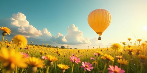 a vibrant yellow hot air balloon ascends serenely above a breathtaking field of wildflowers bathed i