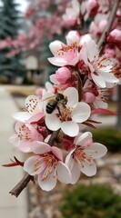 Poster - A honeybee diligently collects pollen from delicate pink and white blossoms of a flowering plum tree branch, showcasing the beauty of spring's arrival. : Generative AI