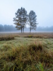 Leinwandbilder - Two trees stand tall in a misty autumn field, their leaves a muted gold against the pale sky.  The tall grass is covered in morning dew, creating a serene and peaceful landscape. : Generative AI