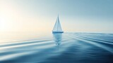 The white sailboat sailed on the calm blue sea, the clear sky reflected in the soft light, and the sea and sky met in the distance.