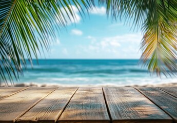 Poster - Wooden table overlooking a tropical beach scene, framed by palm fronds, with a blurred ocean background and bright, sunny sky. : Generative AI
