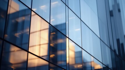 Fototapete - Modern glass building facade reflecting warm sunset light, showcasing architectural details and urban cityscape in the evening. : Generative AI