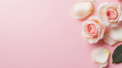 Leinwandbilder - Pastel pink roses and petals arranged on a soft pink background, creating a delicate and romantic floral composition. : Generative AI