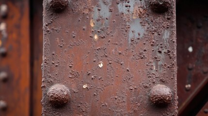 Fototapete - Close-up view of a heavily rusted steel beam, showing texture and rivets.  The deep brown and reddish tones of the corrosion are prominent, highlighting the effects of time and weather : Generative AI