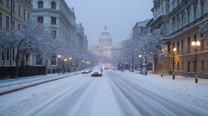 Poster - Snow-covered street scene in a European city, featuring a snow-dusted car driving down a wide road lined with snow-laden trees and elegant buildings, a grand dome-topped building visib : Generative AI