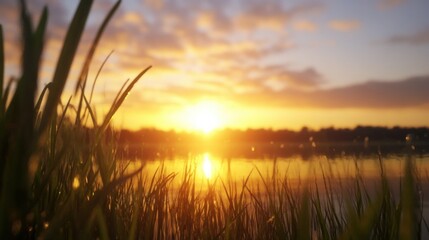 Poster - Golden sunset over calm lake water, viewed through tall grass blades glistening with dew, creating a serene and peaceful nature scene. : Generative AI