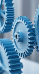 Aufkleber - Close-up view of interlocking blue metal gears, showcasing intricate details and mechanical precision.  The image evokes themes of industry, engineering, and complex systems. : Generative AI