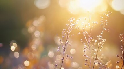 Fototapete - Golden hour sunlight illuminates delicate wildflowers, glistening with morning dew, creating a serene and peaceful natural scene. : Generative AI