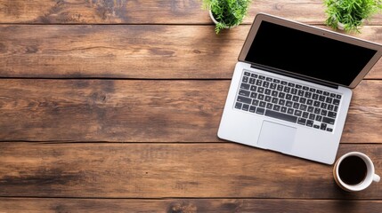 Aufkleber - Overhead view of a laptop computer, coffee cup, and potted plants on a rustic wooden desk, providing ample copy space for text or design elements. : Generative AI
