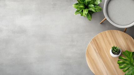 Poster - Overhead view of a modern minimalist interior scene featuring a round wooden coffee table, a gray chair, and potted plants on a gray concrete floor. : Generative AI