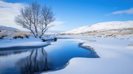 Poster - Serene winter landscape featuring a snow-covered river reflecting a leafless tree, with snow-capped mountains under a clear blue sky. : Generative AI