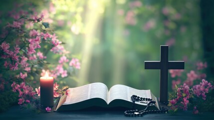 Aufkleber - Open bible, wooden cross, rosary beads, and a burning candle are placed on a dark wooden surface, surrounded by pink flowers and a sunlit forest background. : Generative AI